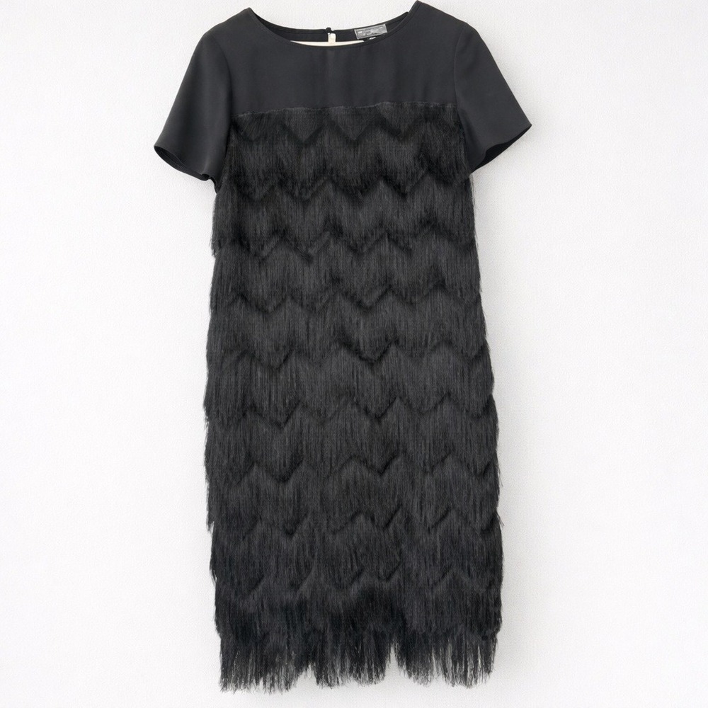 Limited Black Dress Chevron Fringe Cocktail Vintage Sheer Yoke 20s Gatsby Small